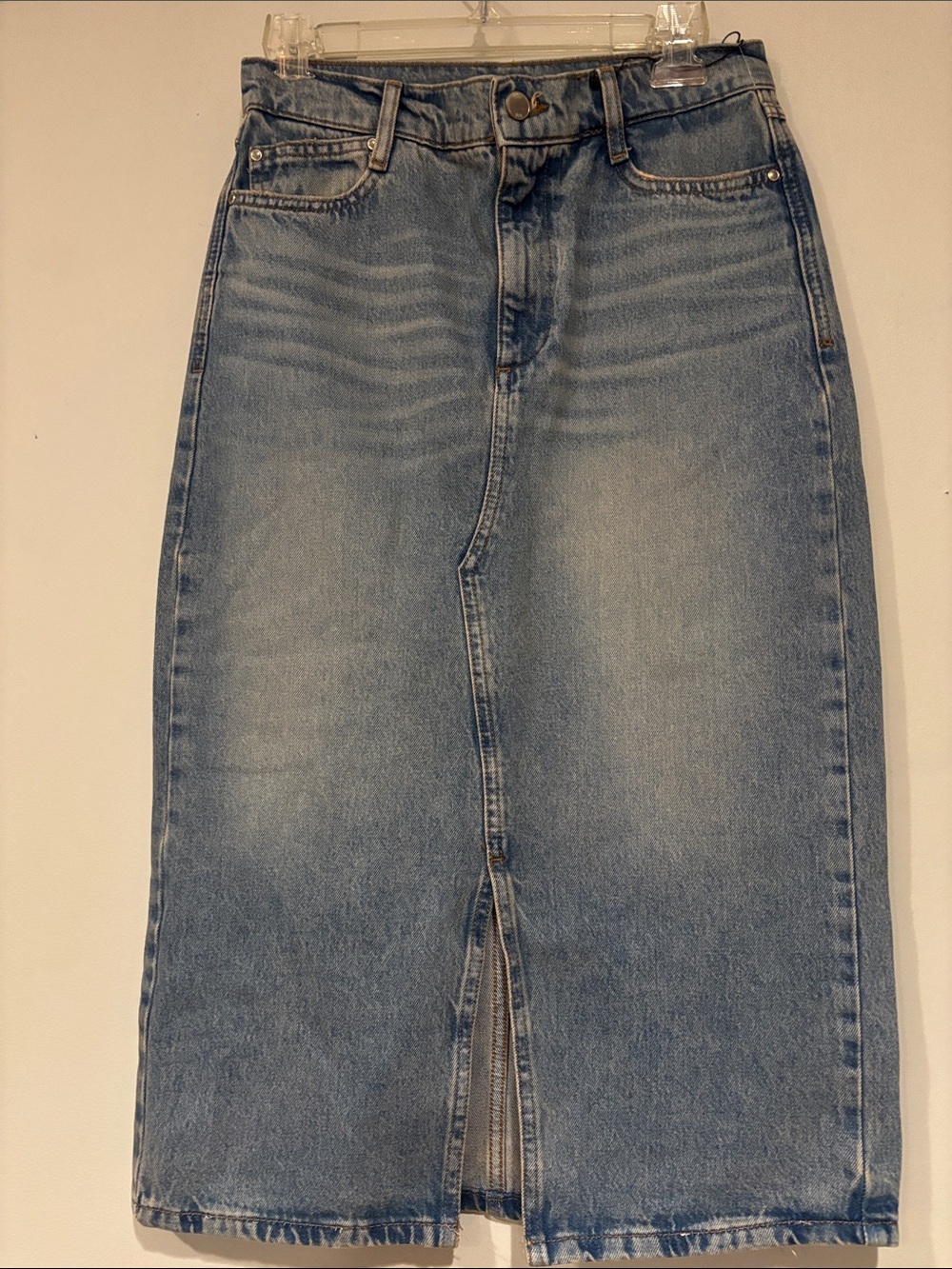Zara High-Waist Light Blue Denim Midi Skirt with Front Slit